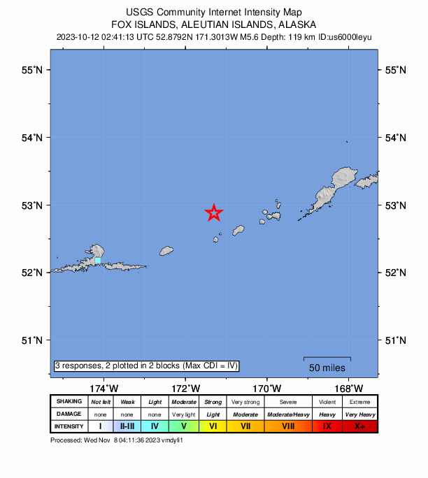 USGS DYFI community-reported intensity map for the M5.6 earthquake near 164 km W of Nikolski, Alaska