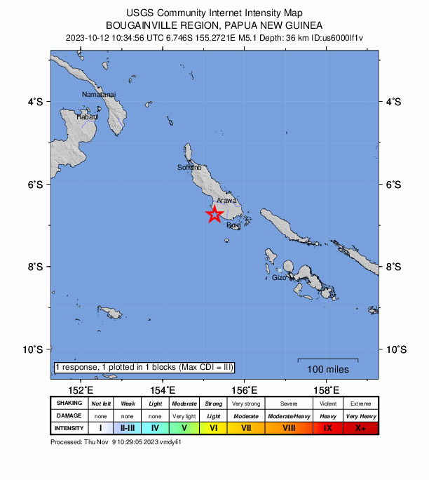 USGS DYFI community-reported intensity map for the M5.1 earthquake near 53 km SSW of Panguna, Papua New Guinea