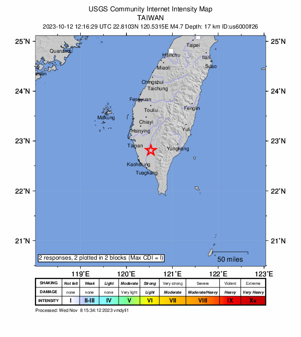 USGS DYFI community-reported intensity map for the M4.7 earthquake near 31 km NE of Kaohsiung, Taiwan