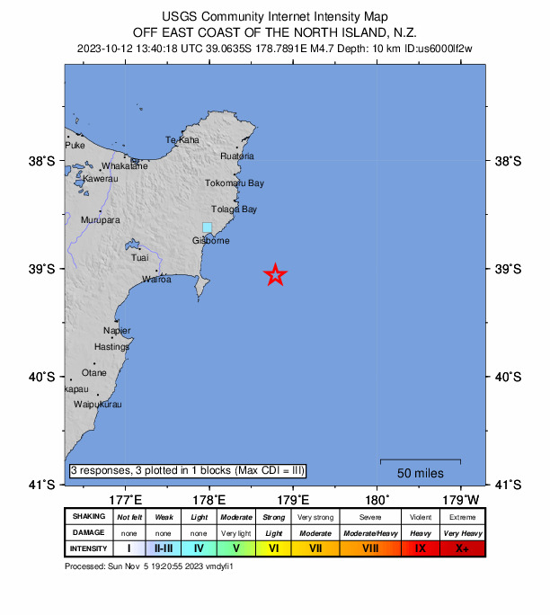 USGS DYFI community-reported intensity map for the M4.7 earthquake near 57 km SE of Wainui, New Zealand