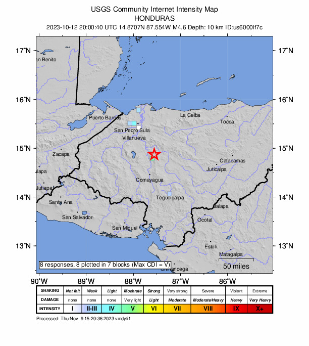 USGS DYFI community-reported intensity map for the M4.5 earthquake near 13 km NNE of La Libertad, Honduras