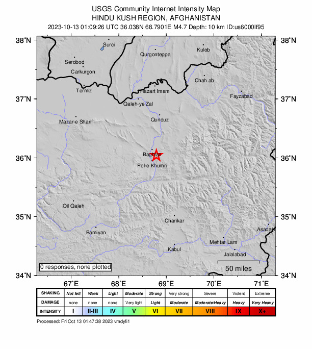 USGS DYFI community-reported intensity map for the M4.7 earthquake near 9 km NNE of Pul-e Khumrī, Afghanistan
