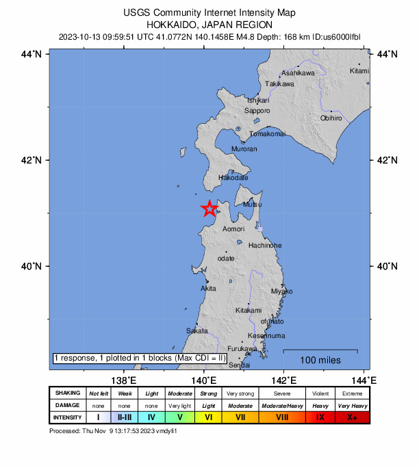 USGS DYFI community-reported intensity map for the M5.1 earthquake near 30 km WSW of Imabetsu, Japan