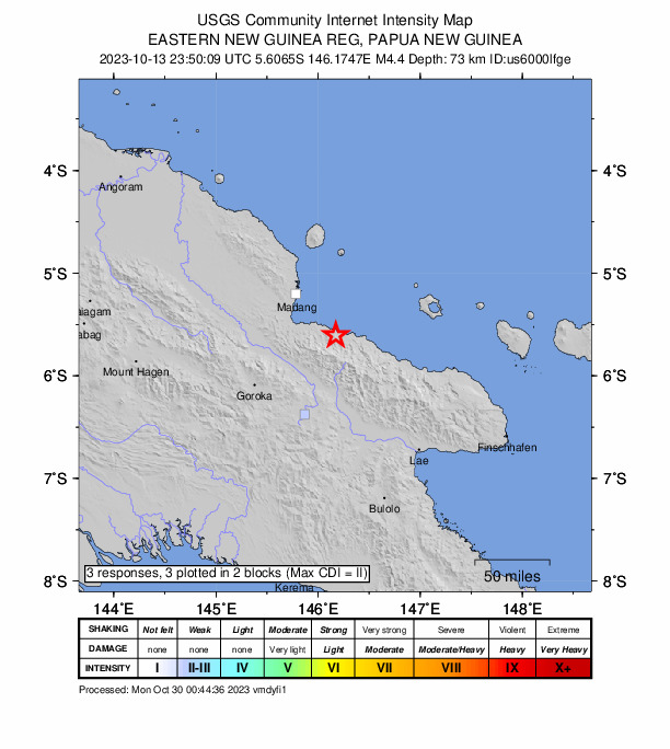 USGS DYFI community-reported intensity map for the M4.4 earthquake near 60 km SE of Madang, Papua New Guinea