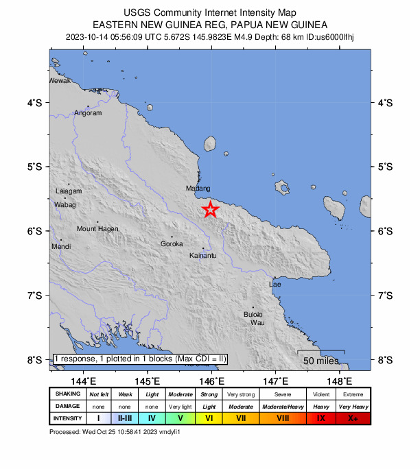 USGS DYFI community-reported intensity map for the M4.9 earthquake near 55 km SSE of Madang, Papua New Guinea
