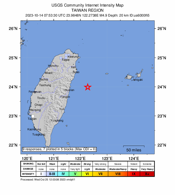 USGS DYFI community-reported intensity map for the M4.9 earthquake near 68 km E of Hualien City, Taiwan