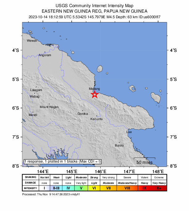 USGS DYFI community-reported intensity map for the M4.5 earthquake near 34 km S of Madang, Papua New Guinea