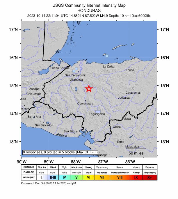 USGS DYFI community-reported intensity map for the M4.9 earthquake near 16 km NE of La Libertad, Honduras