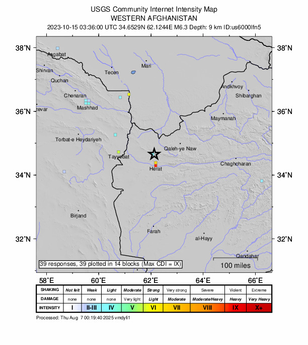USGS DYFI community-reported intensity map for the M6.3 earthquake near 34 km NNW of Herāt, Afghanistan