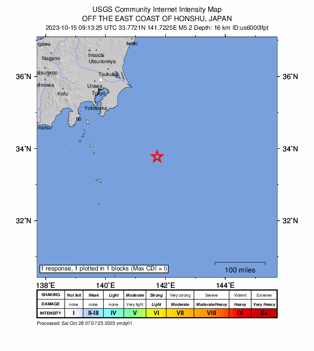 USGS DYFI community-reported intensity map for the M5.2 earthquake near 199 km SE of Katsuura, Japan