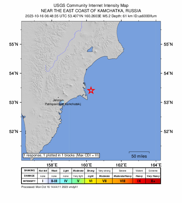 USGS DYFI community-reported intensity map for the M5.2 earthquake near 113 km ENE of Petropavlovsk-Kamchatsky, Russia