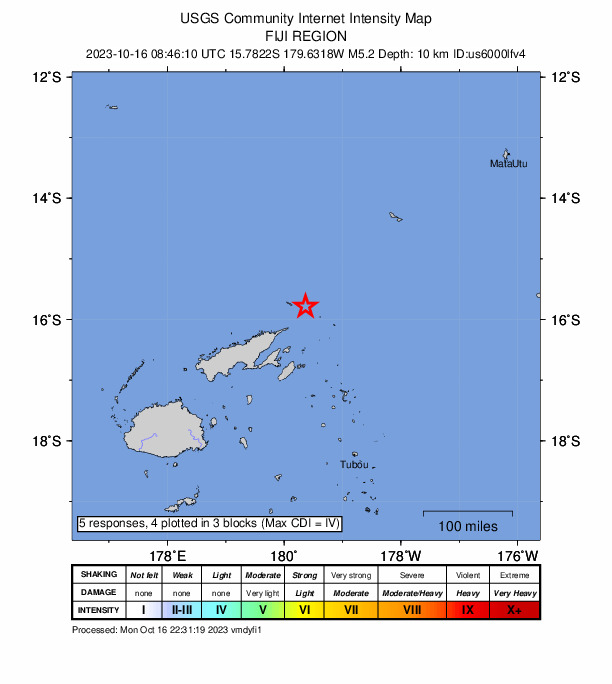 USGS DYFI community-reported intensity map for the M5.2 earthquake near 126 km ENE of Labasa, Fiji