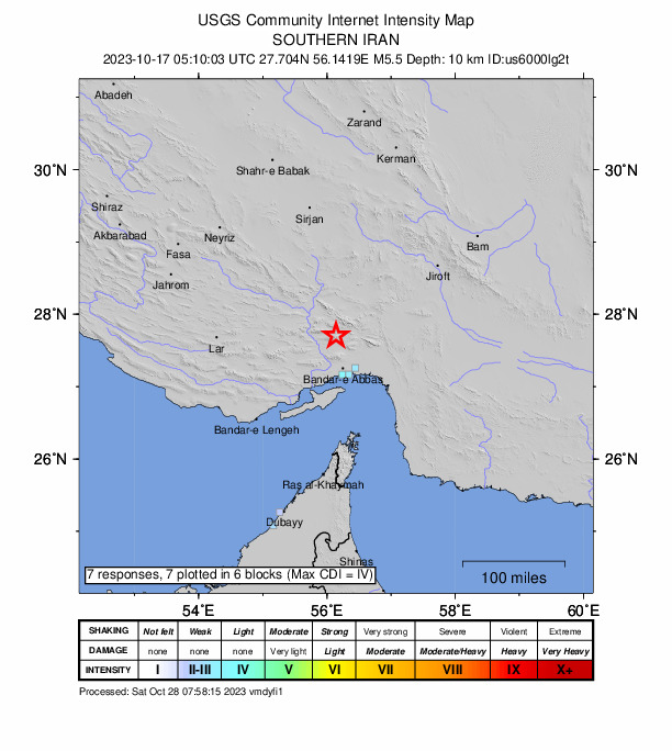USGS DYFI community-reported intensity map for the M5.5 earthquake near 58 km NNW of Bandar Abbas, Iran