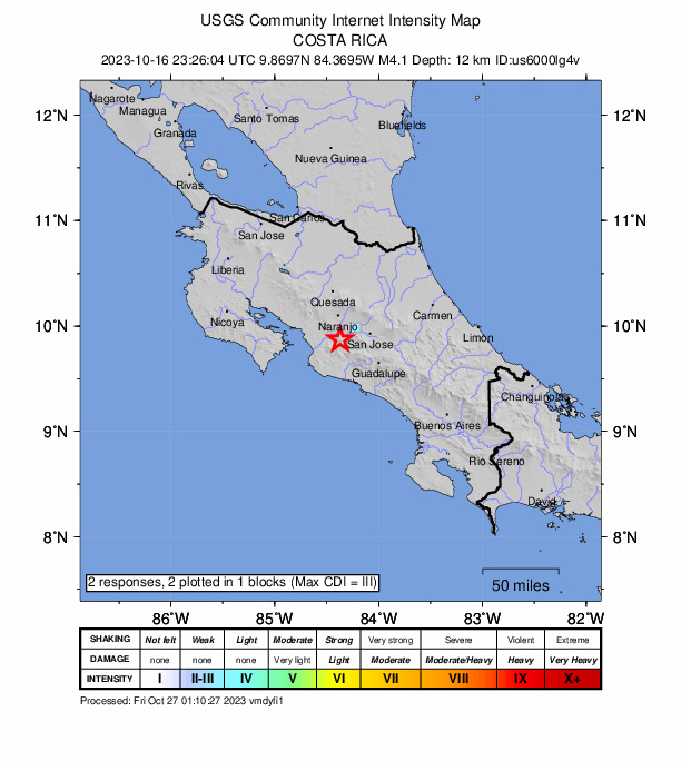 USGS DYFI community-reported intensity map for the M4.1 earthquake near 6 km WNW of Santiago, Costa Rica
