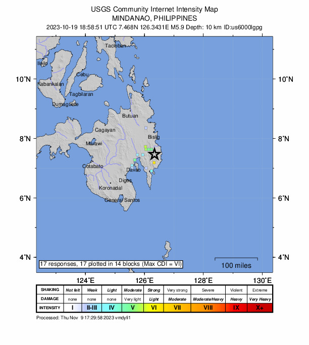 USGS DYFI community-reported intensity map for the M5.9 earthquake near 18 km WSW of Batiano, Philippines