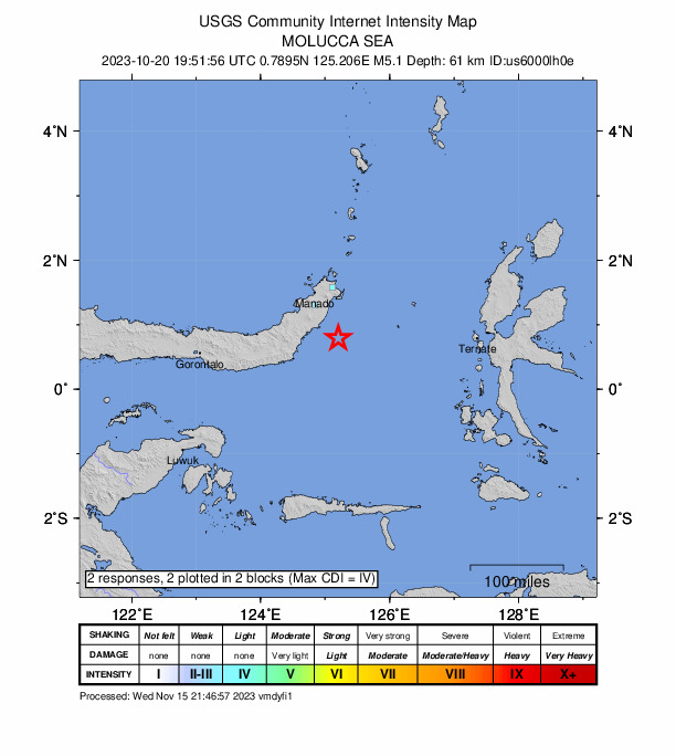 USGS DYFI community-reported intensity map for the M5.1 earthquake near 65 km SSE of Tondano, Indonesia