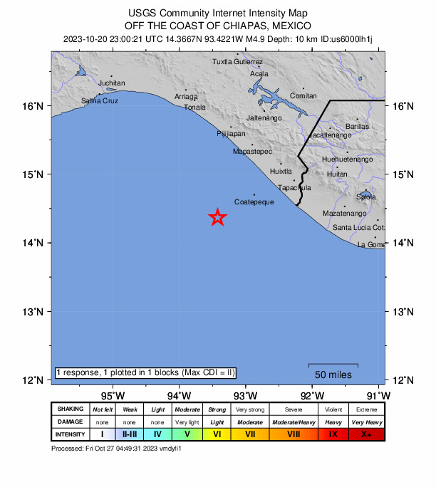 USGS DYFI community-reported intensity map for the M4.9 earthquake near 114 km WSW of Puerto Madero, Mexico