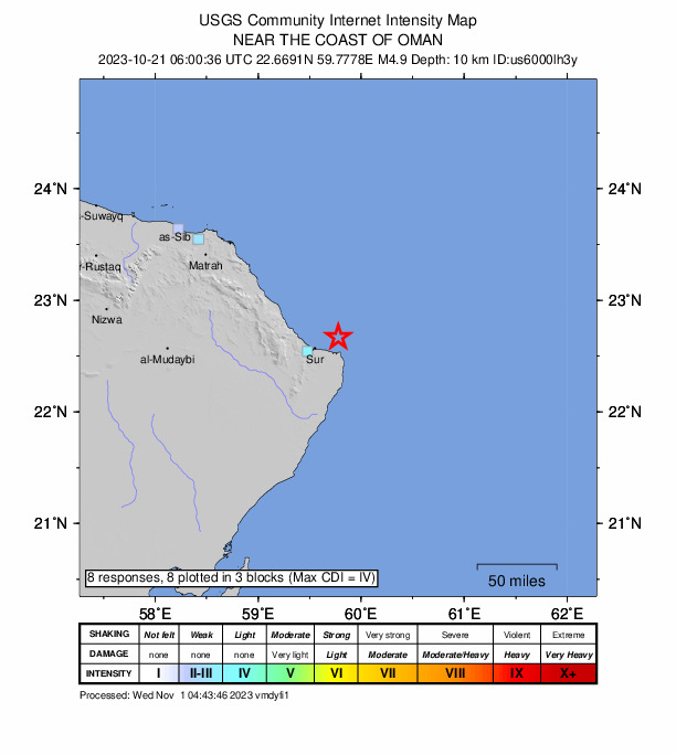 USGS DYFI community-reported intensity map for the M4.9 earthquake near 27 km ENE of Sur, Oman