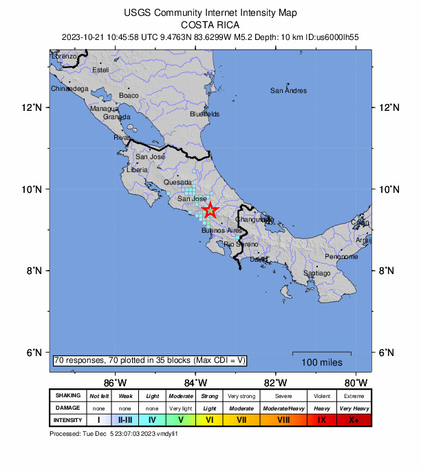 USGS DYFI community-reported intensity map for the M5.2 earthquake near 14 km NNE of San Isidro, Costa Rica