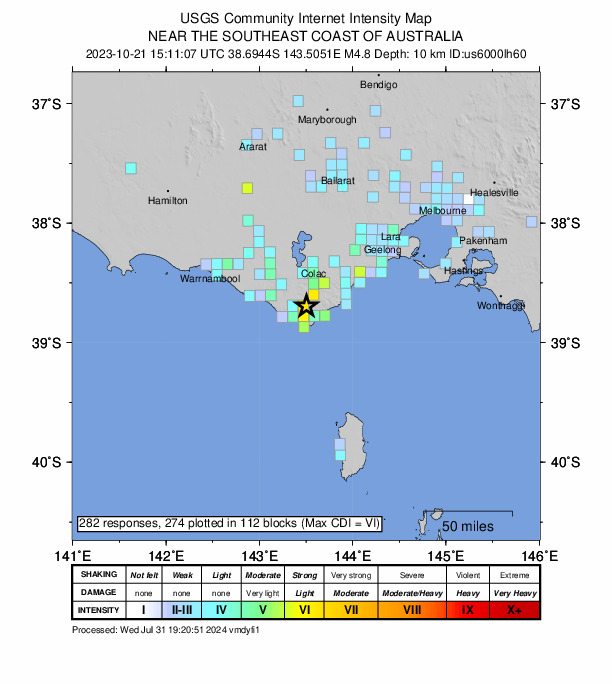 USGS DYFI community-reported intensity map for the M4.8 earthquake near 16 km WNW of Apollo Bay, Australia