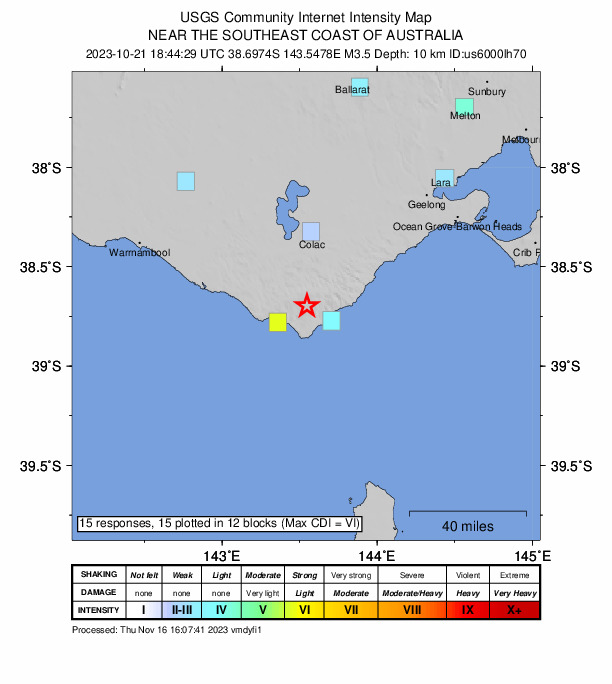 USGS DYFI community-reported intensity map for the M3.5 earthquake near 10 km NW of Apollo Bay, Australia