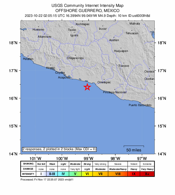 USGS DYFI community-reported intensity map for the M4.9 earthquake near 24 km SSW of Copala, Mexico