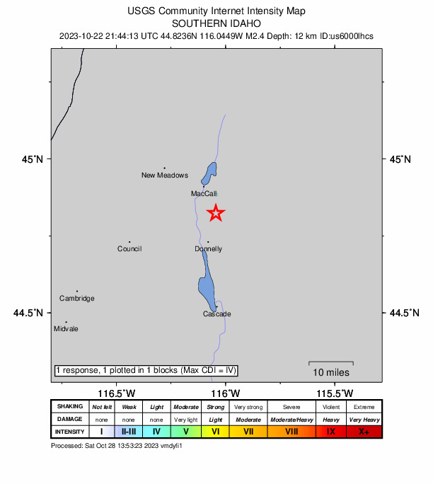 USGS DYFI community-reported intensity map for the M2.4 earthquake near 10 km NNE of Donnelly, Idaho