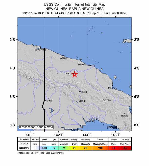 USGS DYFI community-reported intensity map for the M5.1 earthquake near 46 km ESE of Ambunti, Papua New Guinea