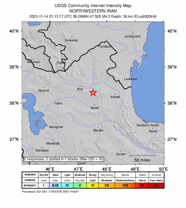 USGS DYFI community-reported intensity map for the M4.3 earthquake near 44 km ESE of Ahar, Iran