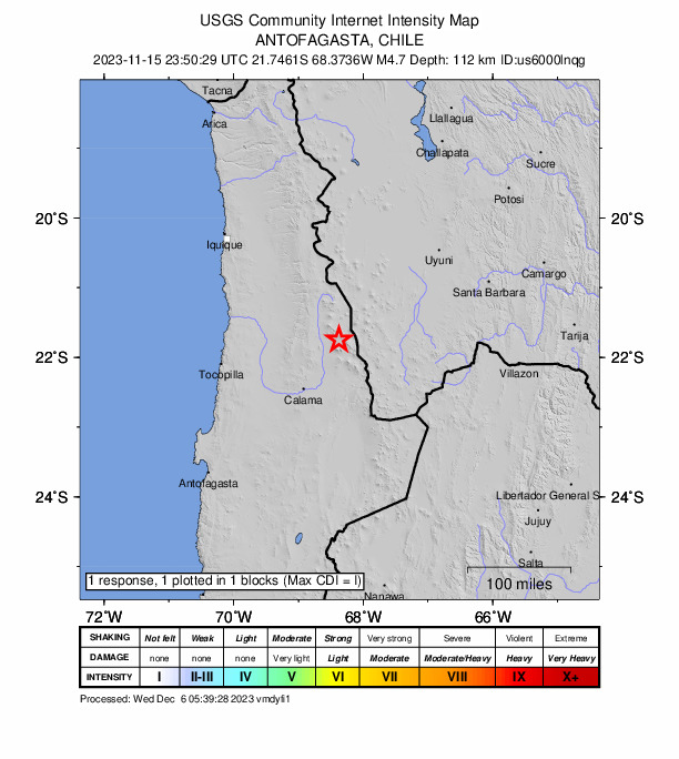 USGS DYFI community-reported intensity map for the M4.7 earthquake near 59 km SSW of Ollag?e, Chile