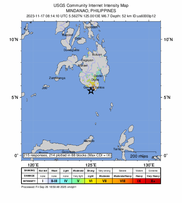 USGS DYFI community-reported intensity map for the M6.7 earthquake near 32 km SW of Kablalan, Philippines
