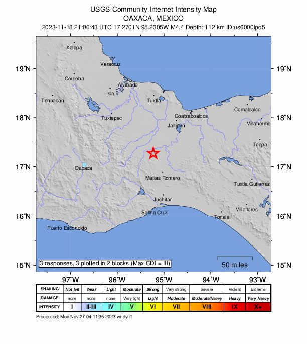 USGS DYFI community-reported intensity map for the M4.4 earthquake near 14 km SE of Constitución Mexicana, Mexico