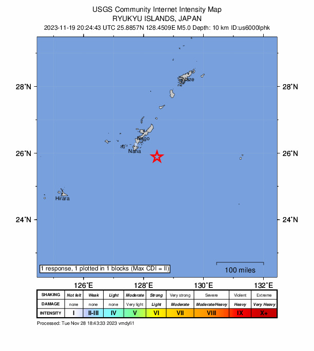 USGS DYFI community-reported intensity map for the M5.0 earthquake near 76 km SE of Katsuren-haebaru, Japan