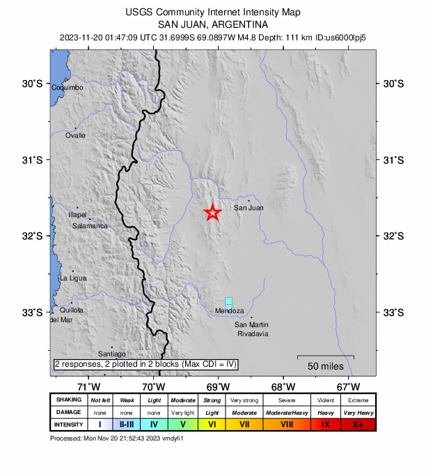 USGS DYFI community-reported intensity map for the M4.8 earthquake near 39 km WSW of Villa Basilio Nievas, Argentina