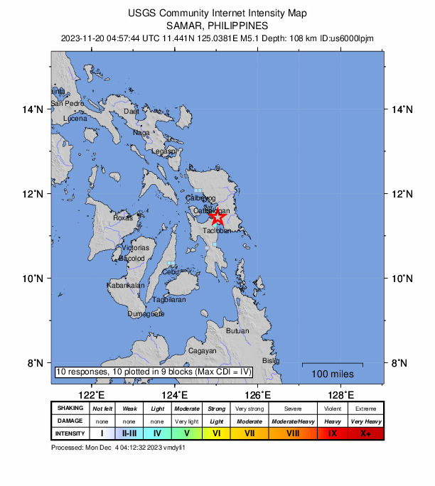 USGS DYFI community-reported intensity map for the M5.1 earthquake near 10 km E of Santa Rita, Philippines
