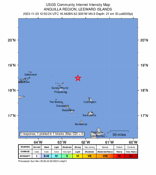 USGS DYFI community-reported intensity map for the M4.9 earthquake near 82 km ENE of The Valley, Anguilla