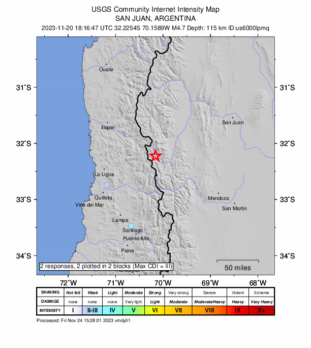 USGS DYFI community-reported intensity map for the M4.7 earthquake near 78 km NE of San Felipe, Chile