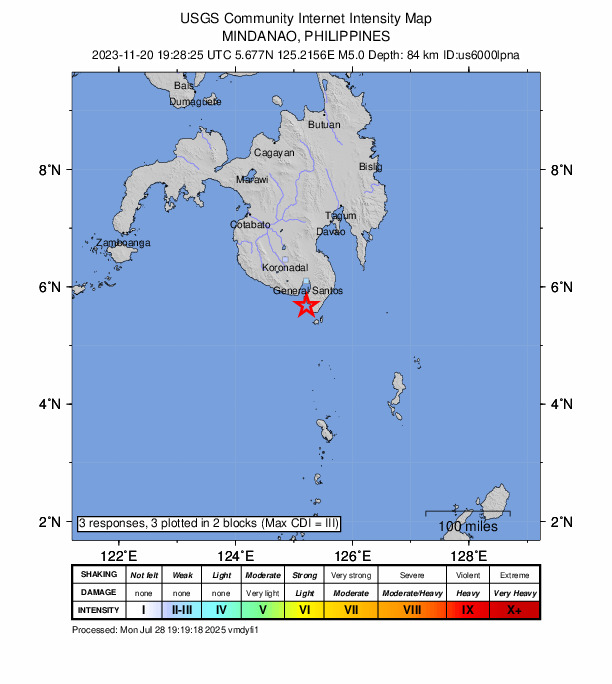 USGS DYFI community-reported intensity map for the M5.0 earthquake near 6 km SW of Burias, Philippines