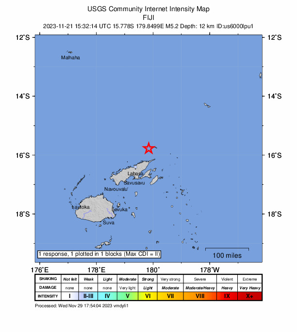 USGS DYFI community-reported intensity map for the M5.2 earthquake near 89 km NE of Labasa, Fiji