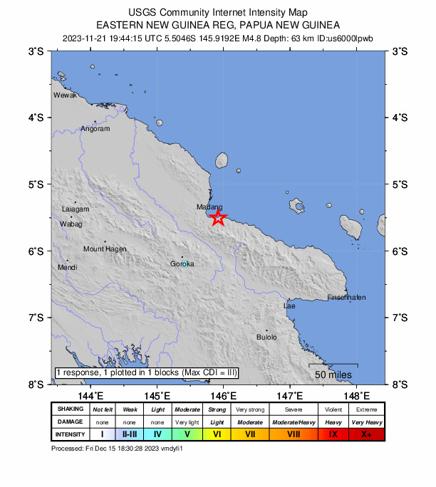 USGS DYFI community-reported intensity map for the M4.8 earthquake near 34 km SSE of Madang, Papua New Guinea