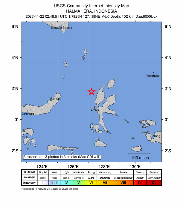 USGS DYFI community-reported intensity map for the M6.0 earthquake near 91 km W of Tobelo, Indonesia