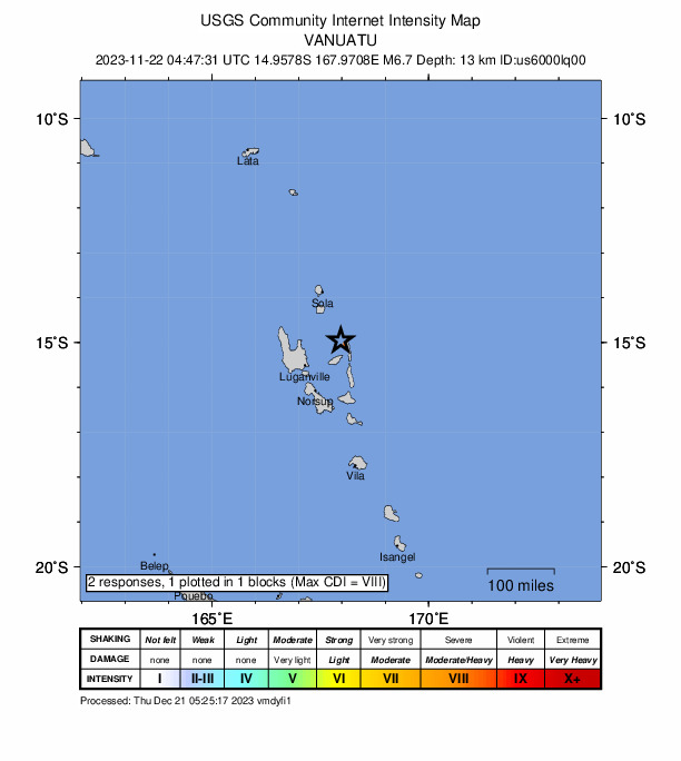 USGS DYFI community-reported intensity map for the M6.7 earthquake near 97 km E of Port-Olry, Vanuatu