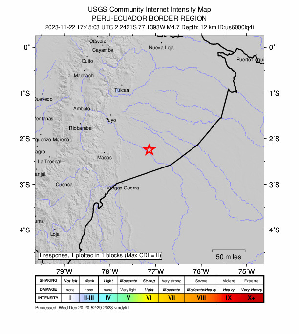 USGS DYFI community-reported intensity map for the M4.7 earthquake near 108 km E of Macas, Ecuador