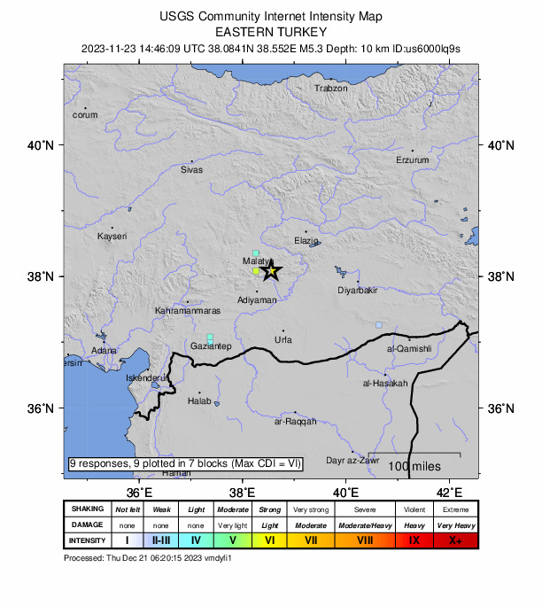 USGS DYFI community-reported intensity map for the M5.3 earthquake near 7 km NW of Sincik, Turkey