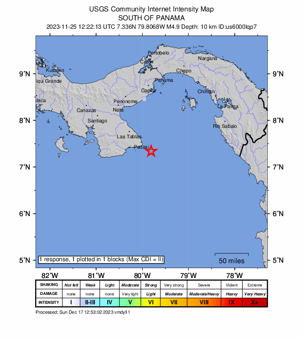 USGS DYFI community-reported intensity map for the M4.9 earthquake near 32 km SE of Pedasí, Panama