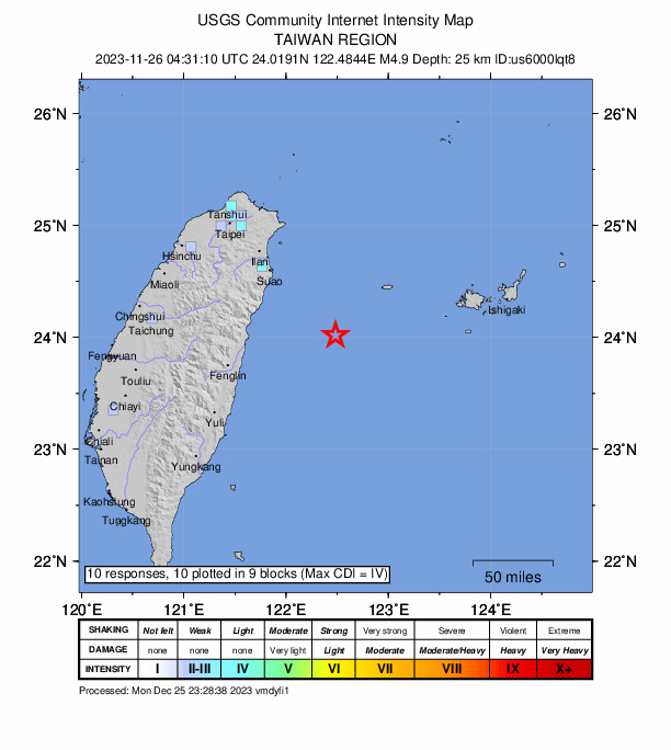 USGS DYFI community-reported intensity map for the M4.9 earthquake near 72 km SW of Yonakuni, Japan