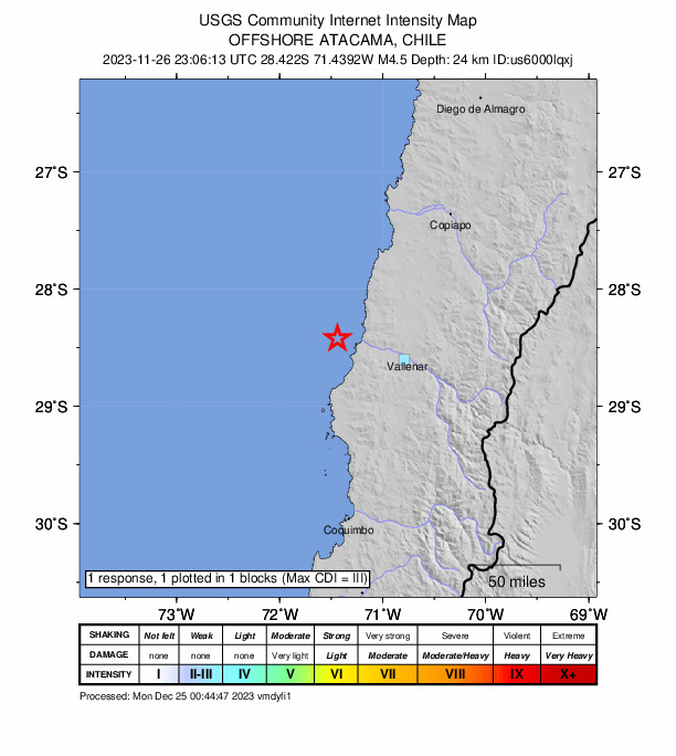 USGS DYFI community-reported intensity map for the M4.5 earthquake near 68 km WNW of Vallenar, Chile