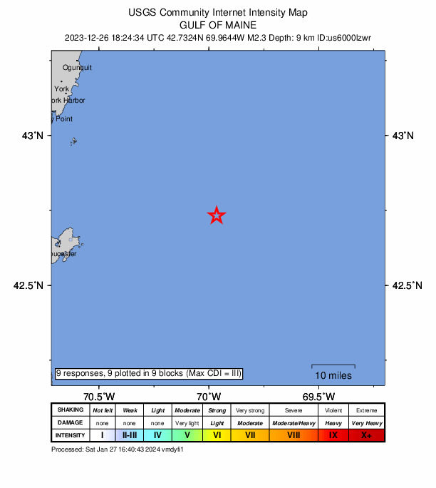 USGS DYFI community-reported intensity map for the M2.3 earthquake near 54 km E of Rockport, Massachusetts