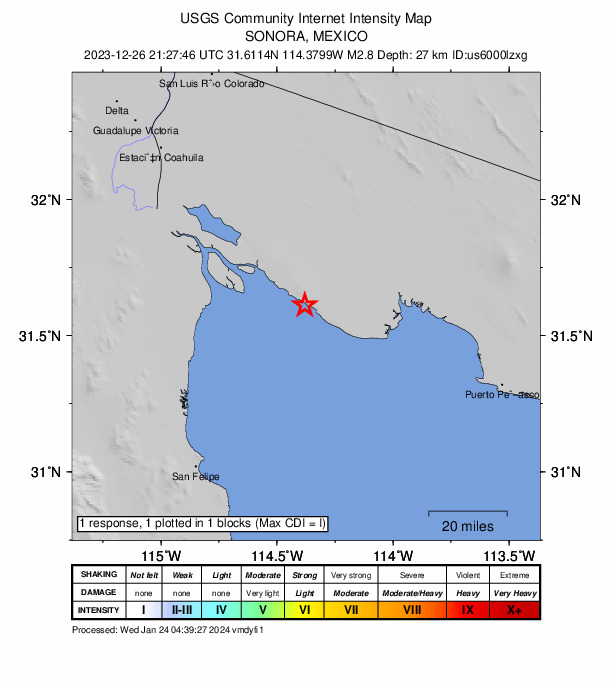 USGS DYFI community-reported intensity map for the M2.8 earthquake near 13 km SE of Golfo de Santa Clara, Mexico