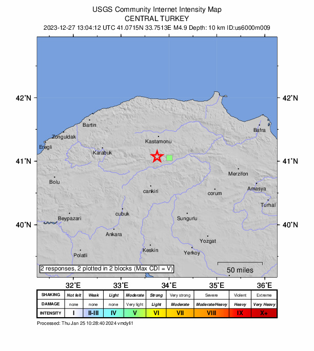USGS DYFI community-reported intensity map for the M4.9 earthquake near 19 km NNE of Ilgaz, Turkey
